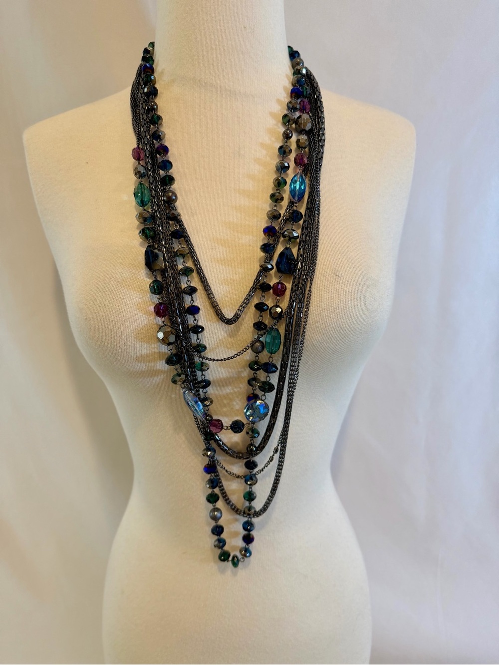 Multi-Strand Beaded Statement Gunmetal Chain Necklace & Bracelet Set